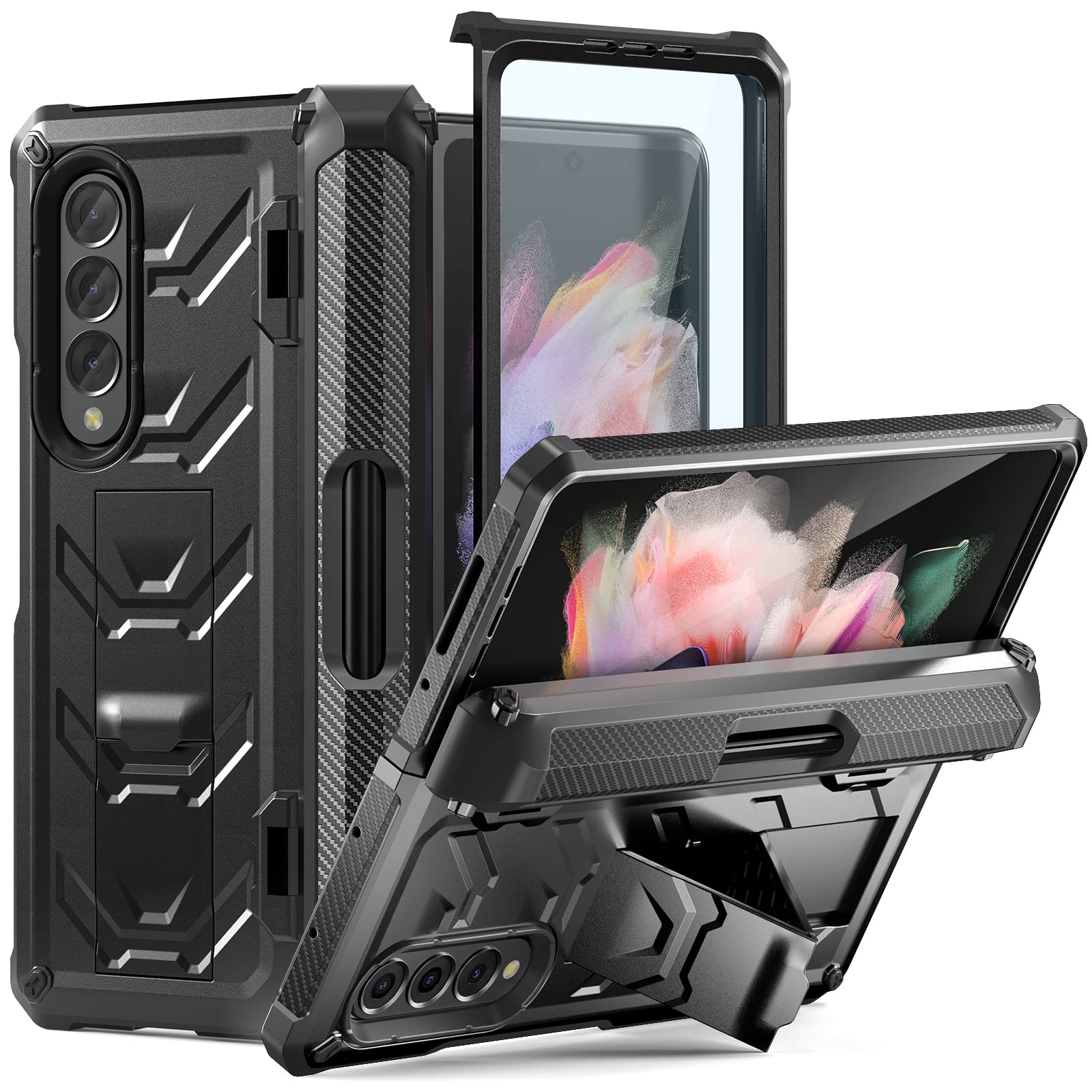 Photo 1 of FONREST Rugged Case Armor for Samsung-Galaxy-Z-Fold-3 w/Built-in [Kickstand] [S Pen Holder] [Screen Protector] [Hinge Protection], Heavy Duty Shockproof Protective Cover NOT FIT Z Fold 4/2 (Black)