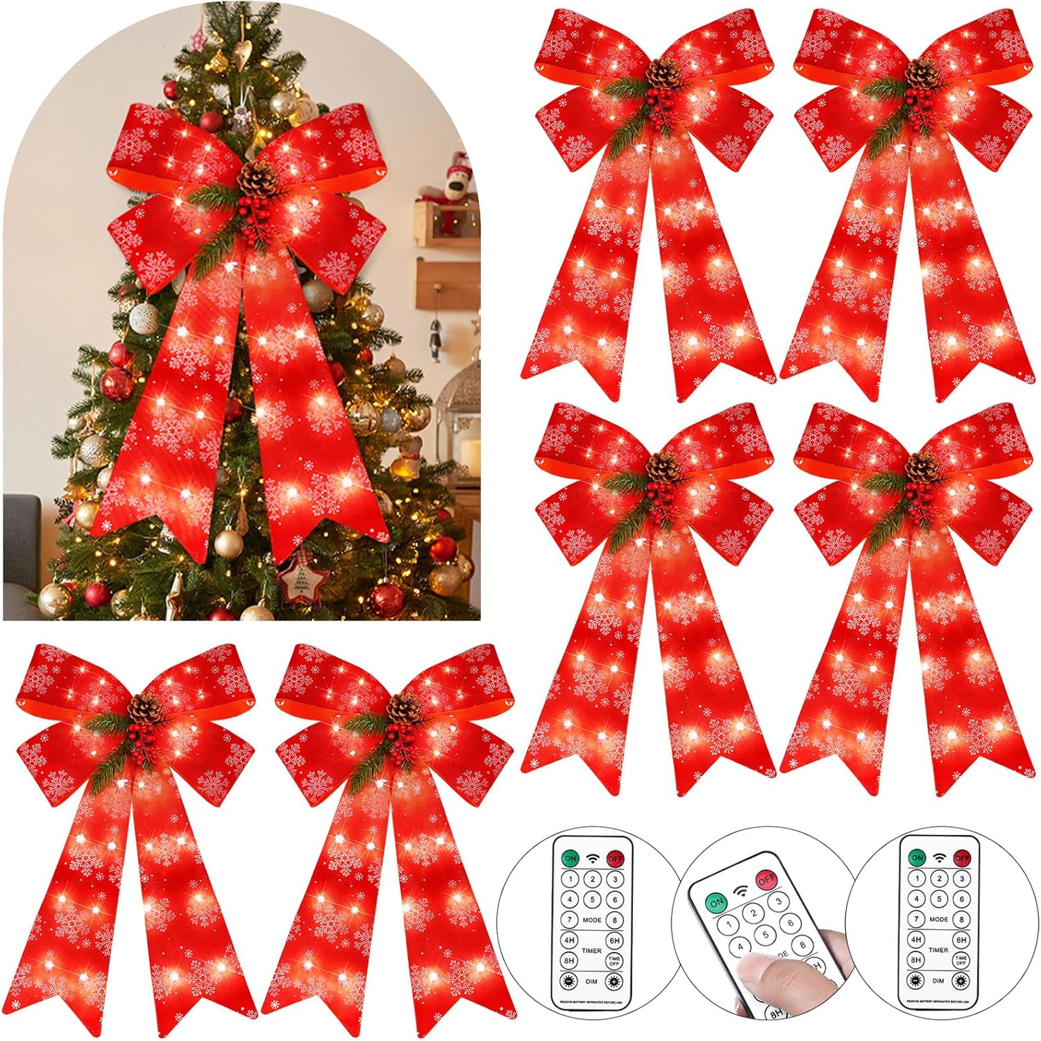 Bows & Ribbons - 6 Pcs Pre Lit Christmas Bow Decoration Christmas Wreath Bows LED Xmas Bows with Timer Big Red Bow Lighted Christmas Tree Toppers for Indoor Outdoor Holiday Decor, 8 Light Functions (Snowflake)