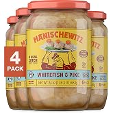 Manischewitz Whitefish &amp; Pike Gefilte Fish in Liquid Broth, 24oz (4 Pack) | All Natural, Packed with Protein, No Added MSG, Kosher for Passover