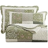 vctops Farmhouse Green 3 Piece Patchwork Quilted Set Floral Embroidery Cotton Bedding Set Lightweight Reversible Bedspread Coverlet 1 Quilt + 2 Pillow Shams (Green Floral,91"x98")