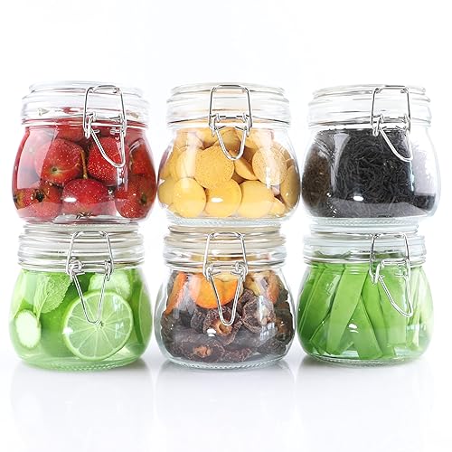 Glass Jars With Airtight Lids 16 OZ 6 Set Wide Mouth Food Storage Canisters Leakproof Sealed Jar Containers With Clamp Lids For Coffee,Sugar, Spices,Snacks, Pickles,Cereal,Tea Bags,Candy,Cookies