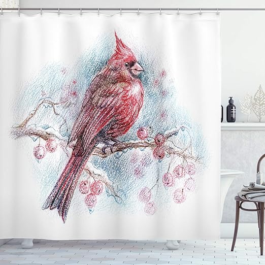 Amazon Com Lunarable Cardinal Shower Curtain Red Bird On A Branch With Holly Berries Perching Avian Animal Hand Drawn Design Cloth Fabric Bathroom Decor Set With Hooks 70 Long Blue Red Home