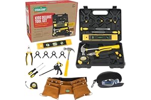 SparkJump Deluxe Kids Tool Set, Real Tools with Leather Tool Belt & Tool Box, Beginner Tool Kit for Boys & Girls Ages 4-6 & Up, Brown Ultimate Tool Set