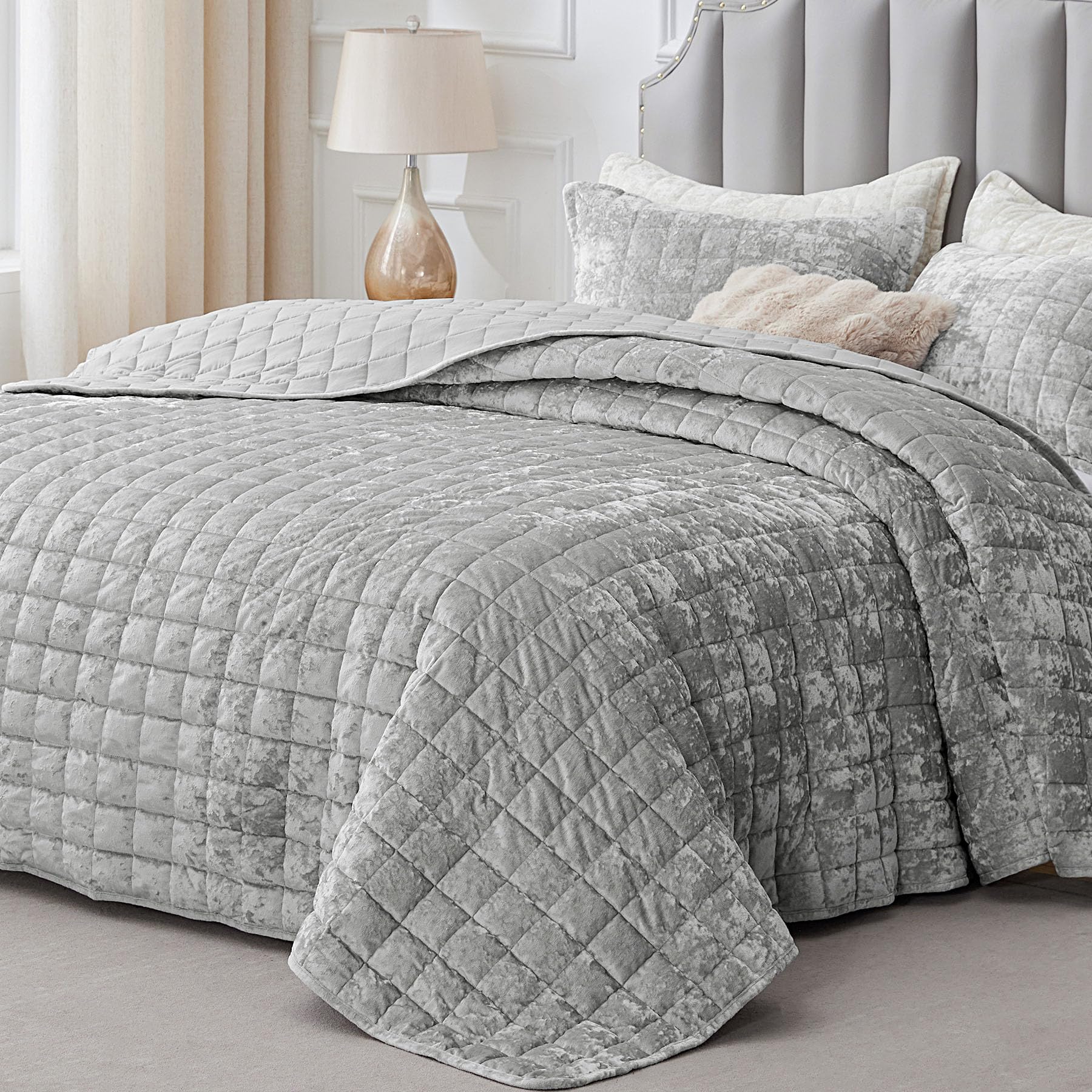 Photo 1 of ***PILLOWCASES ONLY*** BEDELITE Velvet Quilt Set King Size - Luxury Velvet Comforter Bedding Set 3 Pieces, Soft Cozy Light Grey Oversized Bedspread Coverlet for All Seasons with 2 Pillow Shams