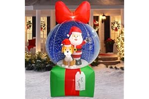 UniqSeason 8Ft Christmas Inflatable Snow Globe Decoration with Santa & Puppy in Xmas Snow Ball Blow Ups with Gifts Box Built-