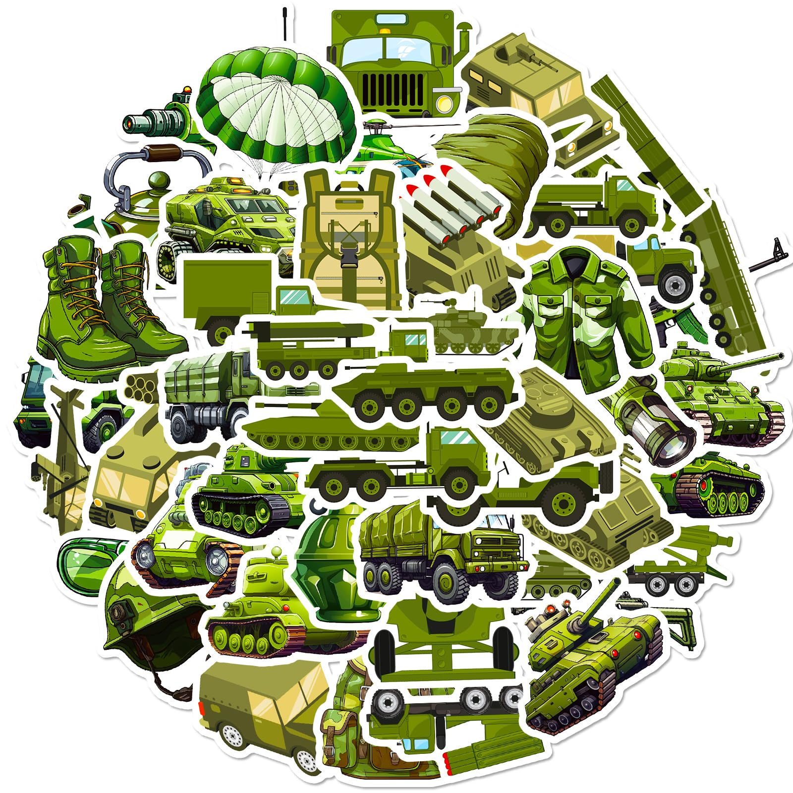 Military Vehicle Stickers Pack, 50Pcs Army Tank Vinyl Stickers for Laptops Water Bottles Skateboards and Luggage, Green Camo Style Decals for Teens DIY Decoration
