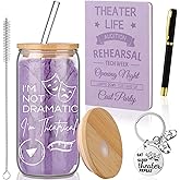 4 Pcs Theatre Gifts for Women Teens Theater Life 16oz Glass Cup Leather Notebook Ballpoint Pen Keychain Musical Broadway Graduation Gifts for Theatre Performers Directors Actors Drama Teacher(Purple)