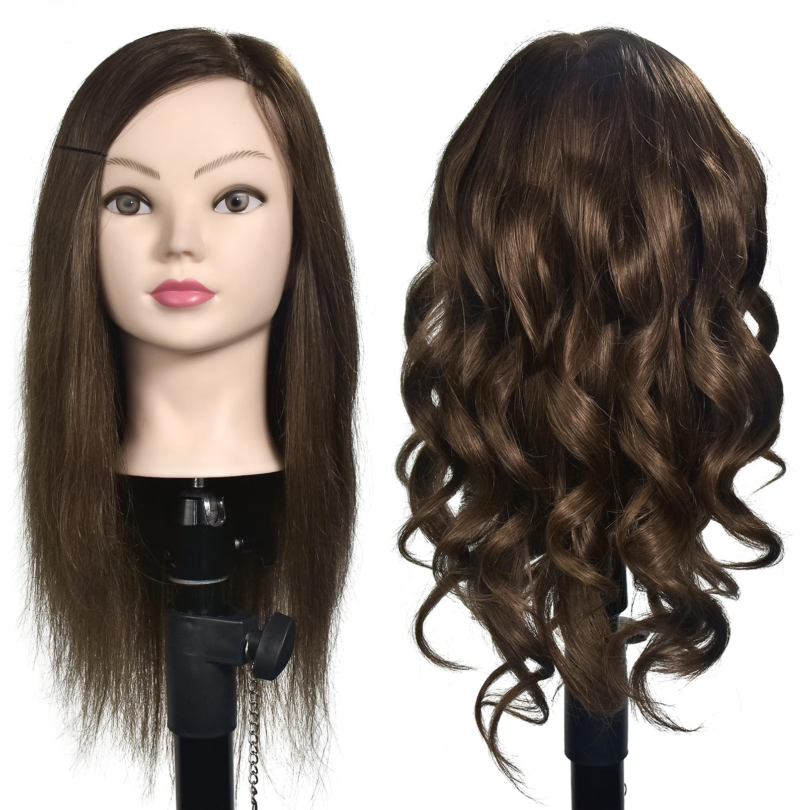 Mannequin Head 16"-18" Female 100% Human Hair Hairdresser Cosmetology Mannequin Head Manikin Head Training Head Hair Doll Head with Table Clamp Holder