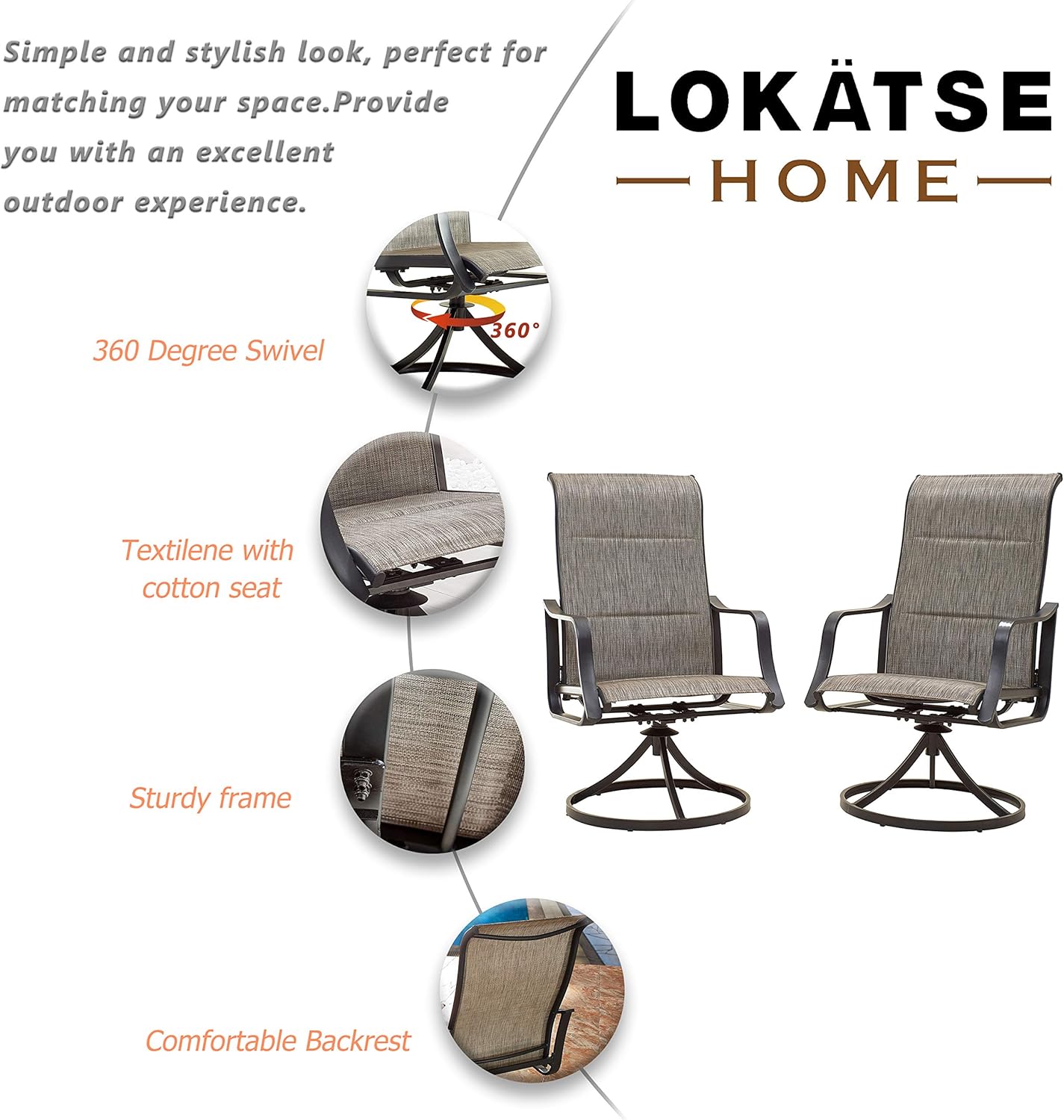 LOKATSE HOME Outdoor Patio Swivel Chair Set Sling(Set of 2), 2, Grey : Garden & Outdoor