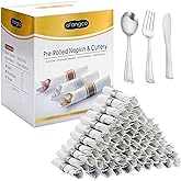 ISFANGCO 50 Pack Pre Rolled Silver Plastic Silverware Set, Disposable Wrapped Plastic Cutlery Set (50 Forks, 50 Knives, 50 Spoons, 50 Napkins) for Wedding Party