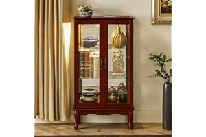 Goujxcy Lighted Curio Cabinet, Modern Floor Standing Glass Curio Cabinet Display Case Cabinet with Adjustable Shelves, Mirrored Back Panel and Tempered Glass Doors for Home/Office (Cherry)