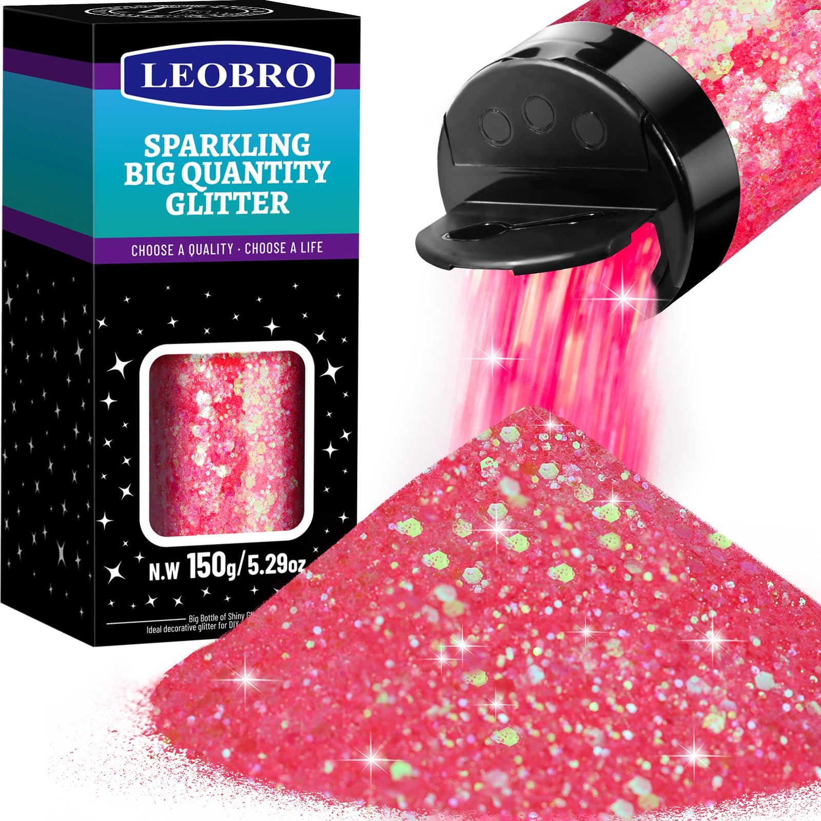 LEOBRO Pink Glitter - 150G Iridescent Fluorescent Pink Chunky Glitter Flakes for Valentine's Day Crafts, Resin Arts & More - 0.2mm/1mm/2.5mm