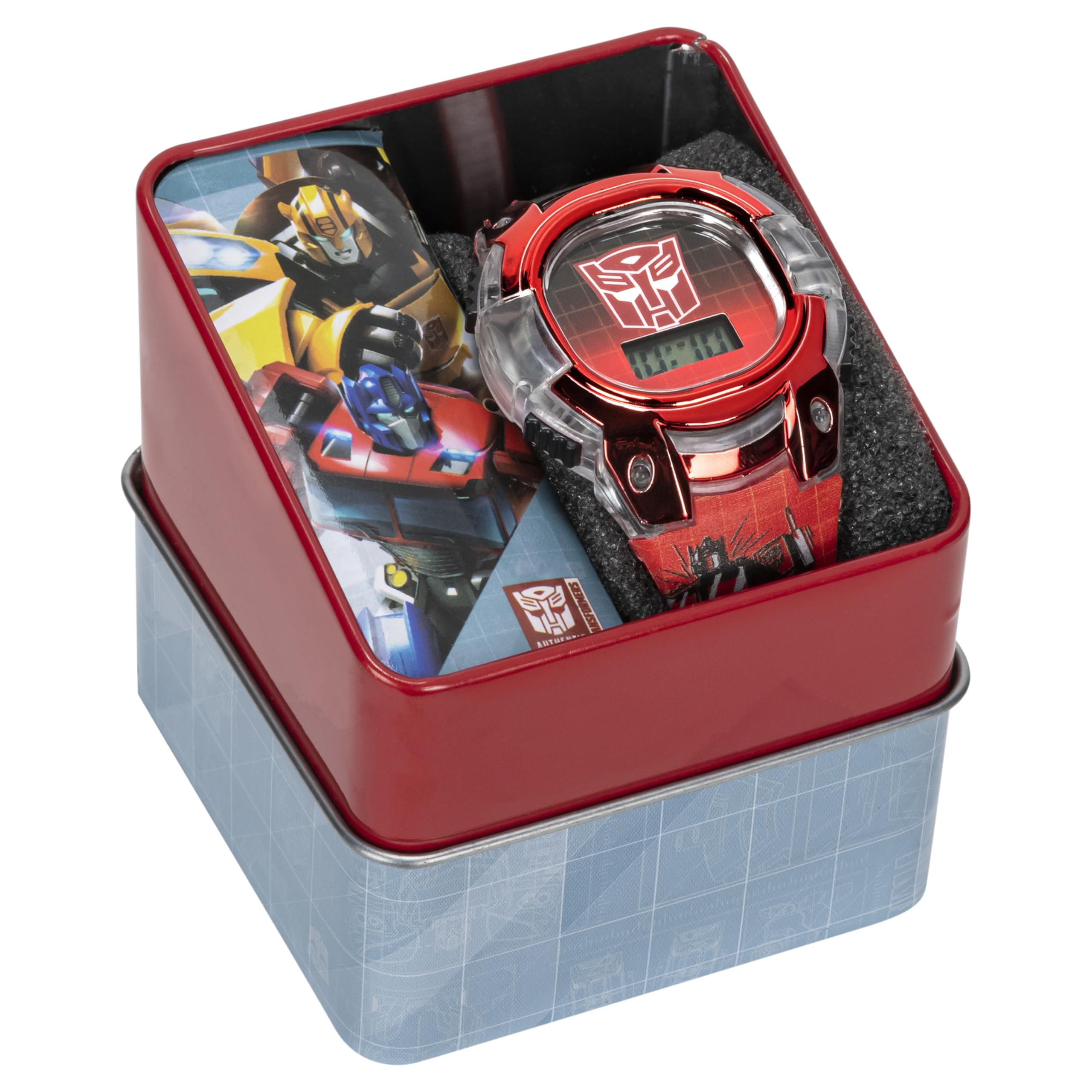 Accutime Transformers Kids Watch – LCD Display, Metallic Bezel, Adjustable Comfortable Strap, Collectible Tin – Perfect for Boys and Girls