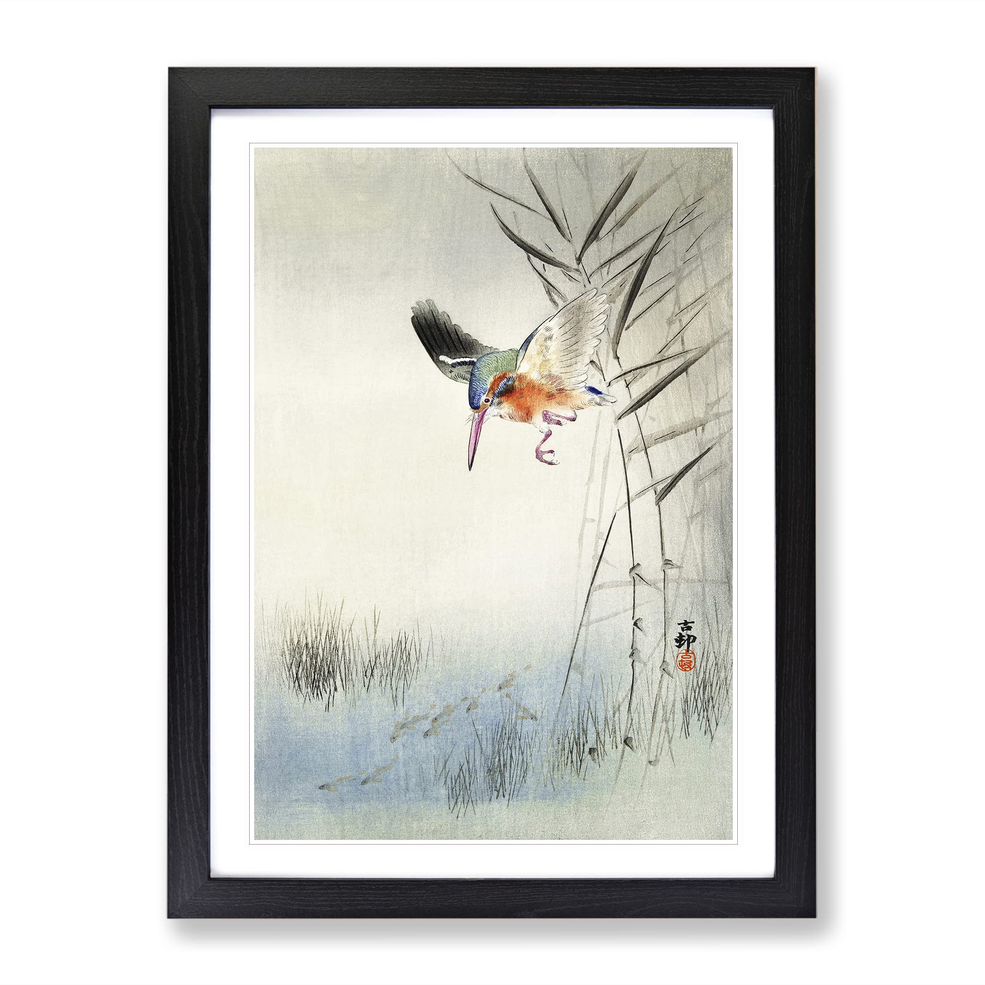 Hunting Kingfisher By Ohara Koson Asian Japanese Framed Wall Art Print, Ready to Hang Picture for Living Room Bedroom Home Office Décor, Black A4 (34 x 25 cm)