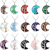 Sherr 15 Pcs Life Tree Crescent Moon Necklace Wire Wrap Natural Gemstones Pendant Healing Crystal Necklaces Reiki Spiritual Multicolored Jewelry Gift for Women