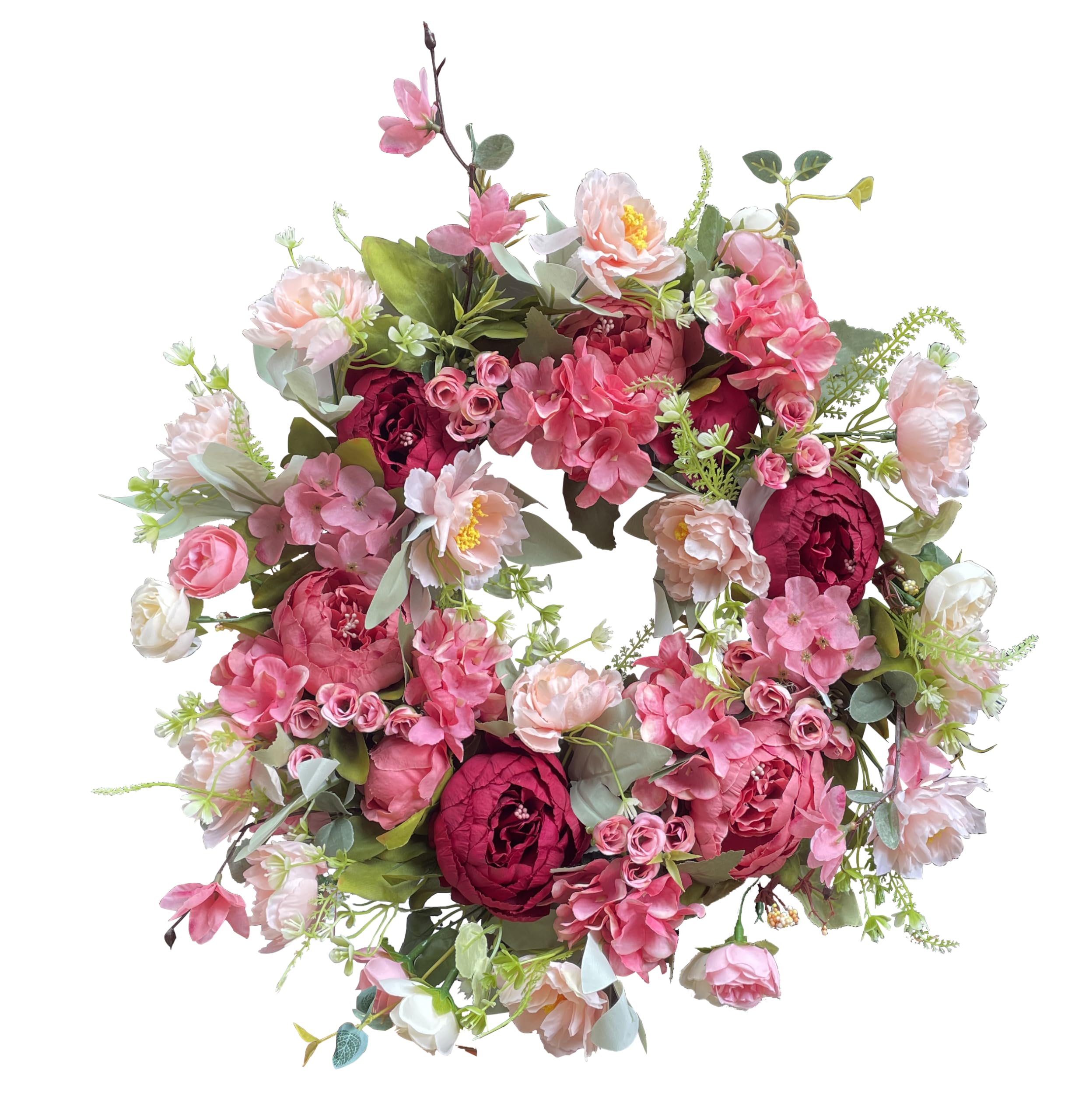 Photo 1 of 18 Inch Spring Wreaths for Front Door, Artificial Peony & Hydrangea Floral Front Door Wreath Outside Pink Floral Door Wreaths for Front Door Outside with Grapevine, Decorative Handmade (Pink)