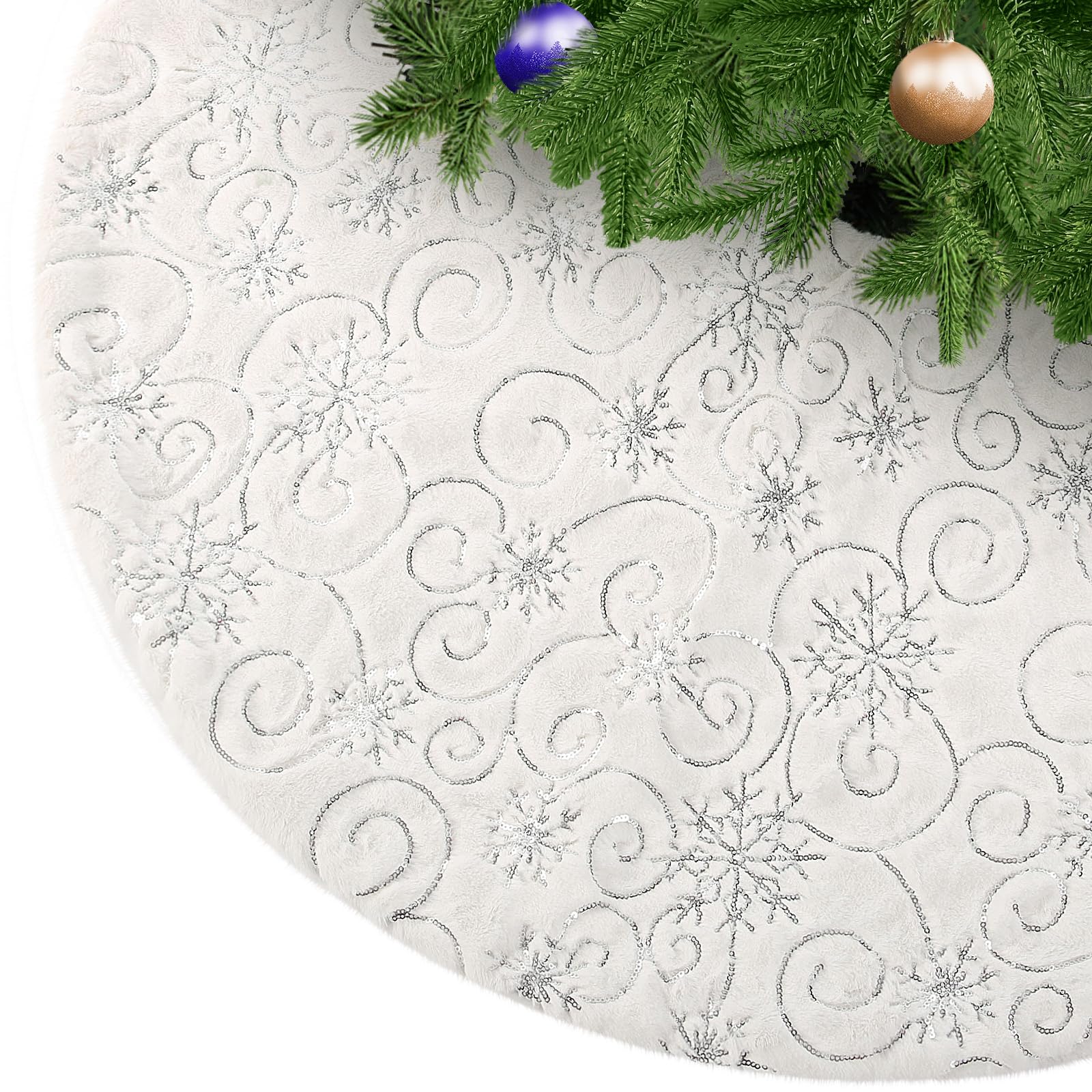KONVINIT White Christmas Tree Skirt Faux Fur Thick Xmas Tree Skirt with Silver Sequin Snowflake Tree Mat Christmas Tree Blanket Cover,White with silver sequins