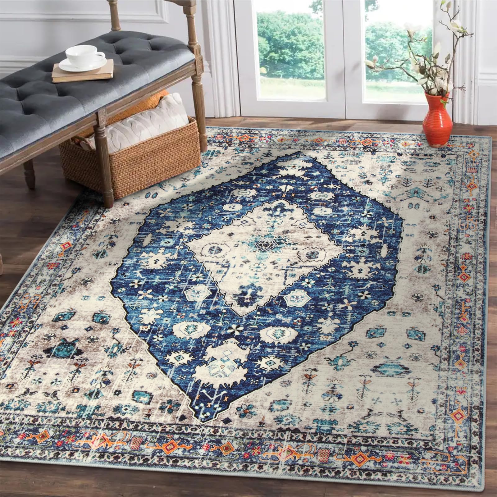 Photo 1 of Lahome Boho Tribal Square 4x4 Area Rug, Blue Washable Bathroom Rugs Soft Kitchen Rugs with Rubber Backing, Oriental Non Slip Non-Shedding Indoor Throw Floor Carpets for Bedroom Entryway Home Decor