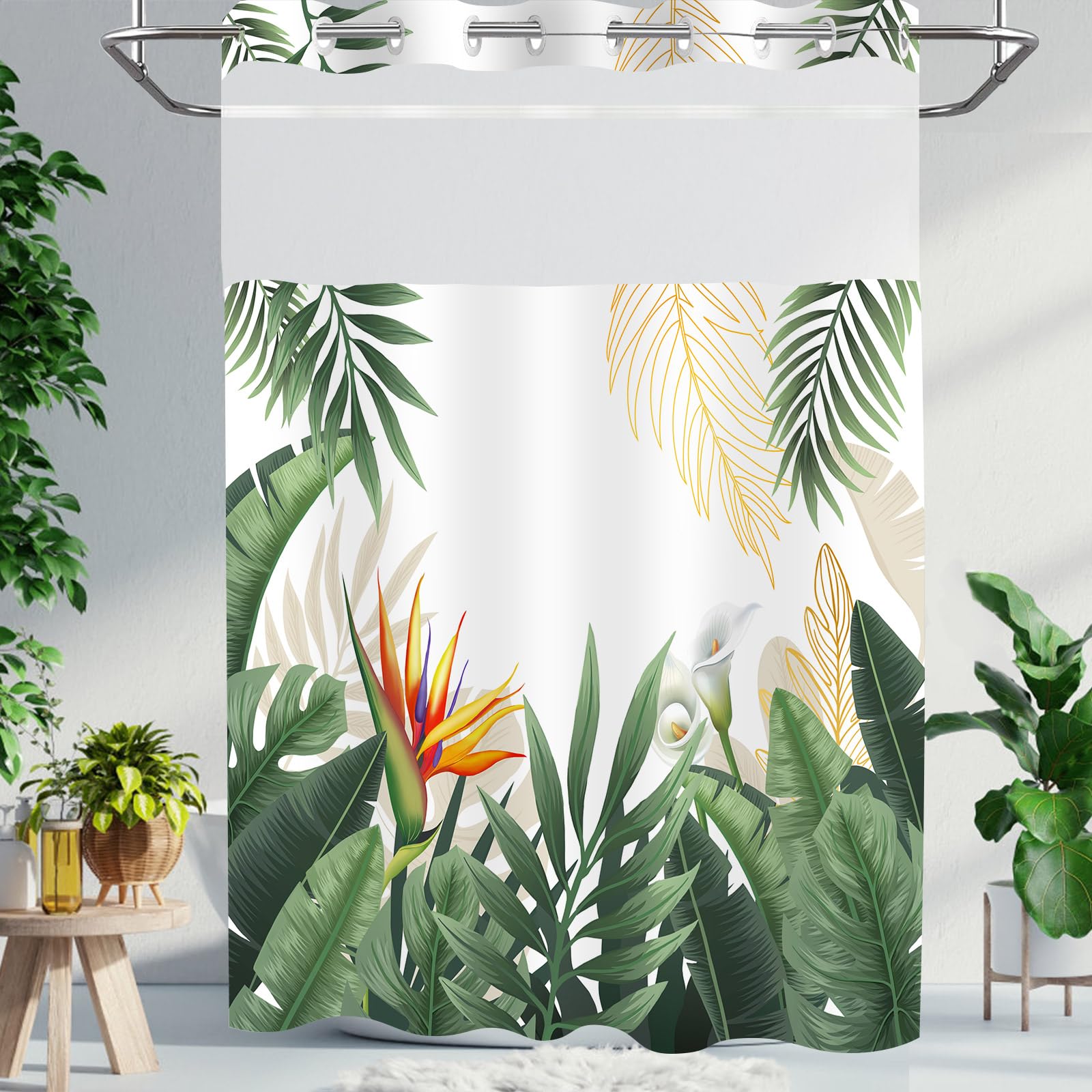 Photo 1 of TWLSNCD No Hook Tropical Shower Curtain with Snap in Liner Set - Summer Green Palm Monstera Plant Leaf for Bathroom Decor - Hotel Quality Botanical Ringless Double Layer 71" x 74"