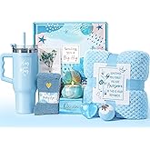 Birthday Gifts for Women Self Care Get Well Soon Gifts, Ocean Relaxing Spa Kit Bath Gift Basket Care Package w/ Flannel Blanket 40 OZ Tumbler, Mother's Day Gift for Mom Her Wife Girlfriend Sister