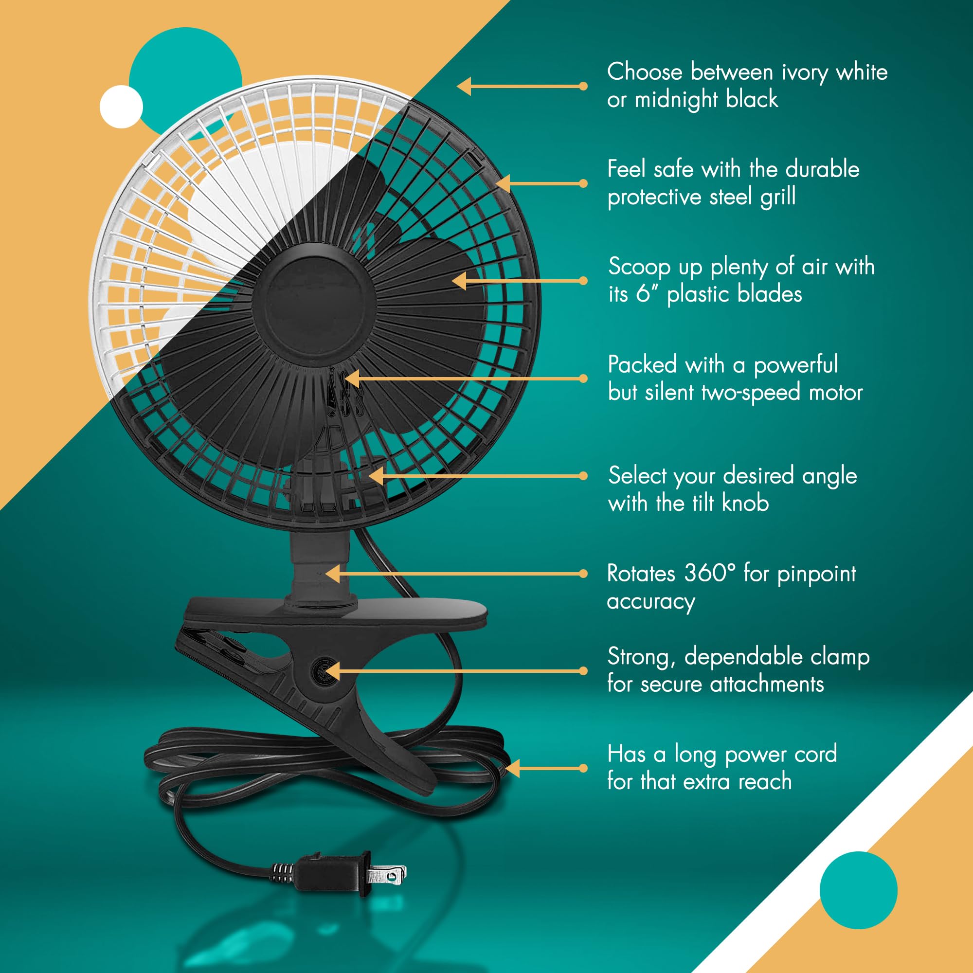 JOEY'Z 6 INCH - 2 Speed - Adjustable Tilt, Whisper Quiet Operation Clip-On-Fan with 5.5 Foot Cord and Steel Safety Grill (1, 6