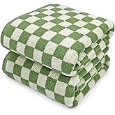 Jacquotha Bath Towels Set of 2 - Luxury Cotton Bathroom Shower Towels Body 55” x 27.5” Absorbent, Quick Dry, 520GSM, Green Checkered Bathroom Decor
