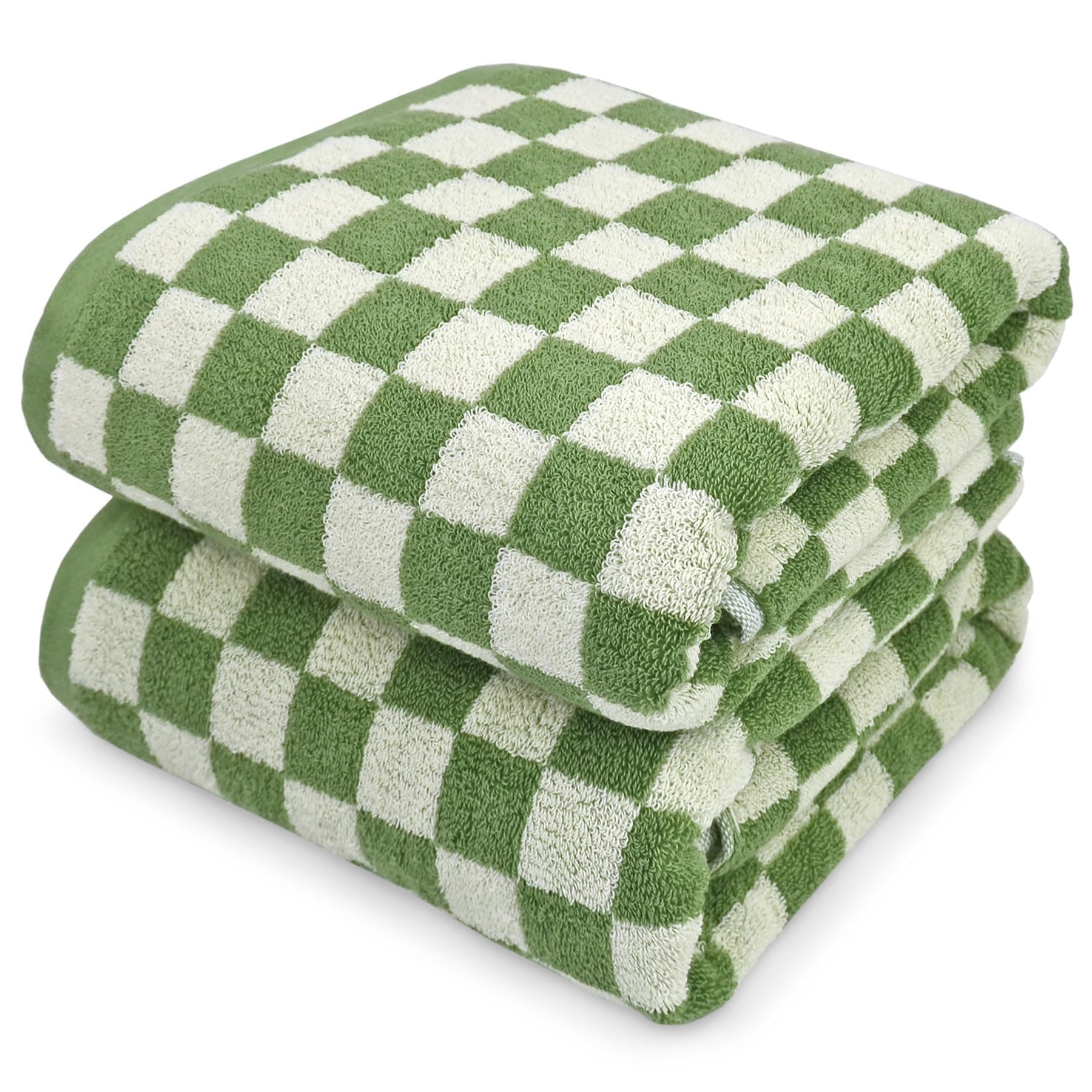 Jacquotha Bath Towels Set of 2 - Luxury Shower Towels 55” x 27.5”, Cotton Beach Towel Green Checkered, Absorbent Quick Dry Body Towels 520GSM, Gifts