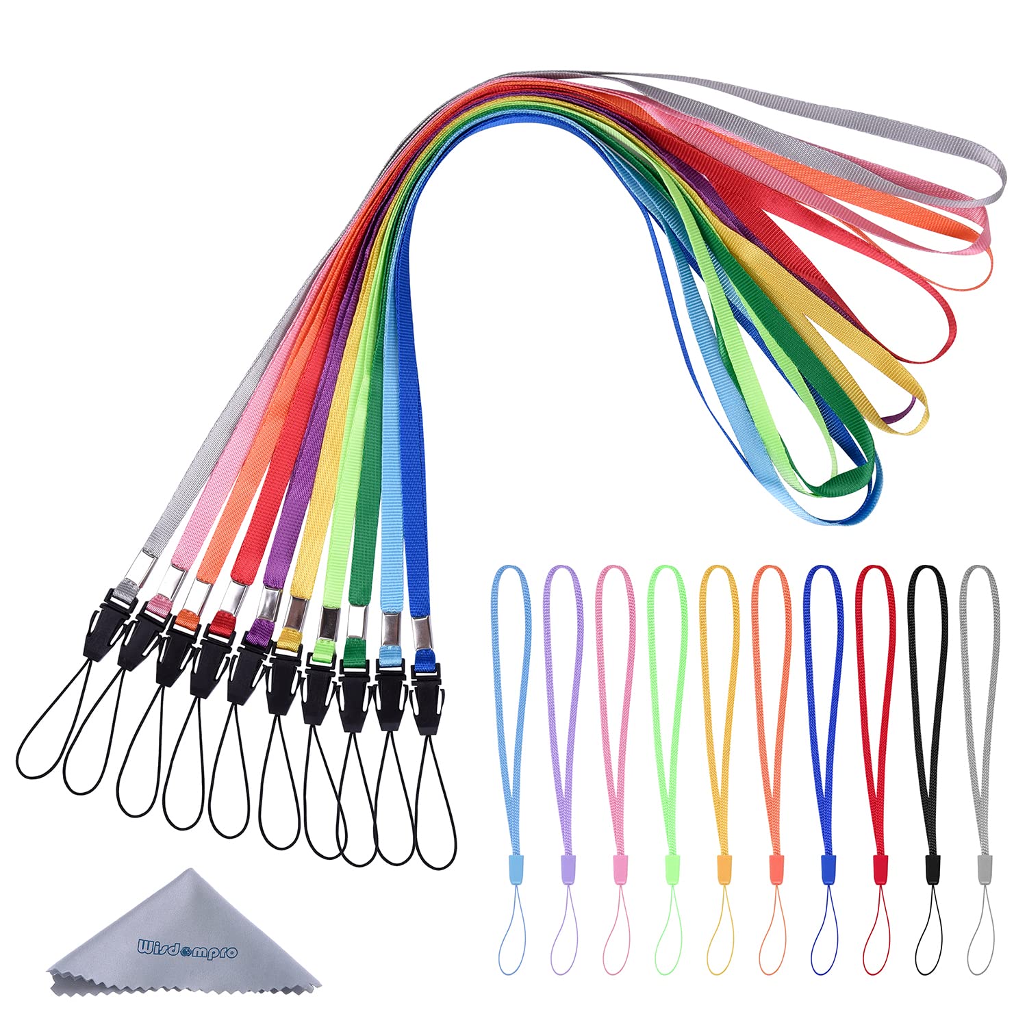 wisdompro 10 Pack 7 inch Short & 10 Pack 17 inch Long Colourful Hand Wrist Lanyards and Neck Straps Bulk for USB Flash Drive, Keys, Keychain, ID Badge Holder - 10 Assorted Colours