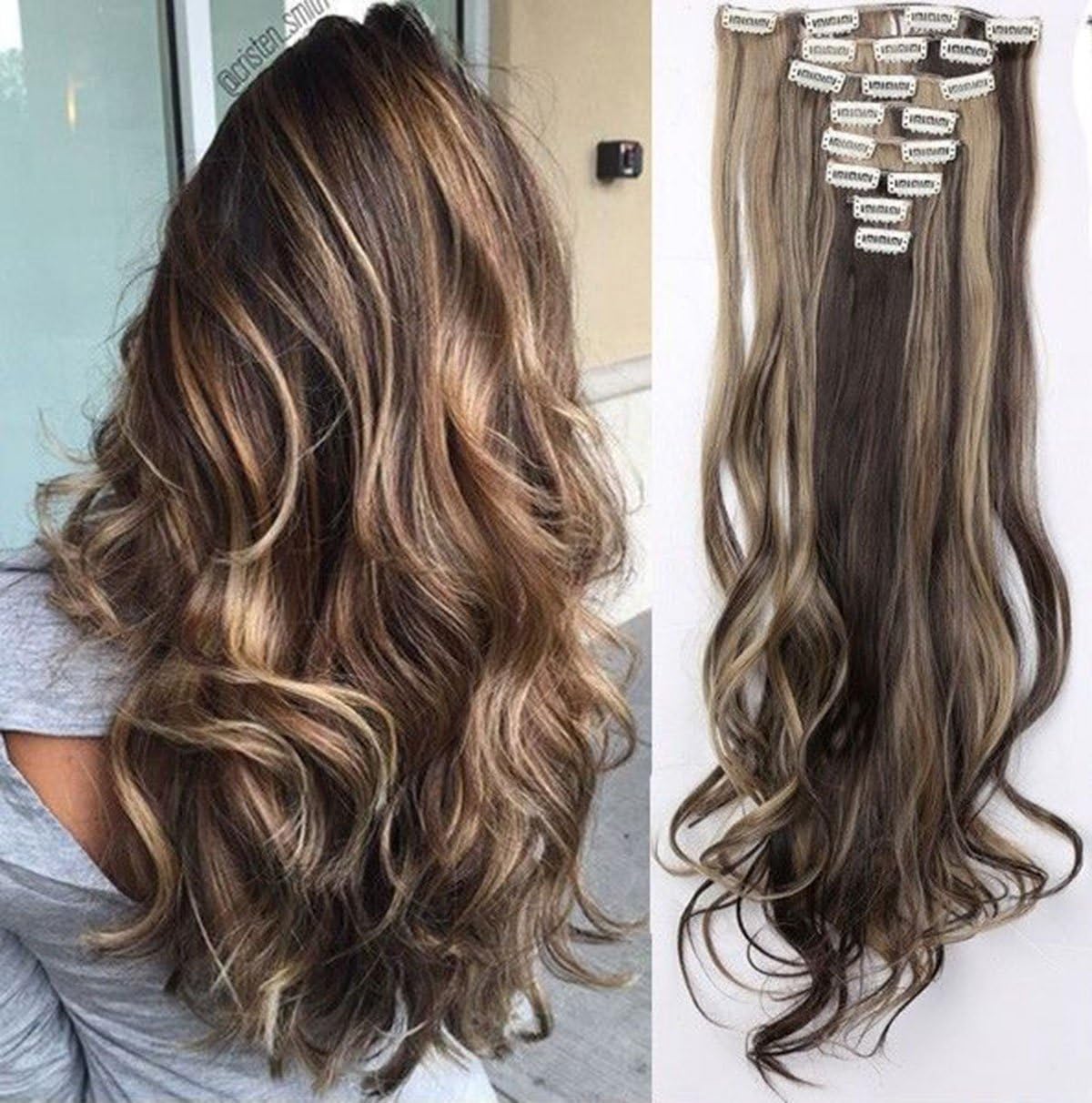 S-noilite Fashion 8 Piece Clip in Hair Extensions Long Full Head 18 Clips 24 inches Curly Dark Brown & Ash Blonde