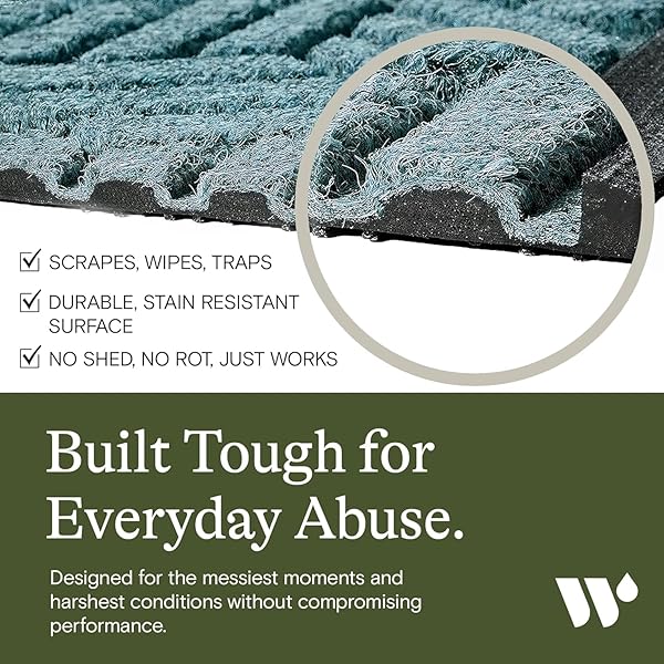 WATERHOG SQUARES FRONT DOOR MAT INDOOR OUTDOOR ENTRANCE, ABSORBENT ALL-WEATHER DOORMAT WITH NON-SLIP RUBBER BACKING, DIRT & MOISTURE TRAPPER, LOW PROFILE, EASY CLEAN, MADE IN USA, 23″X35.5″ BLUESTONE