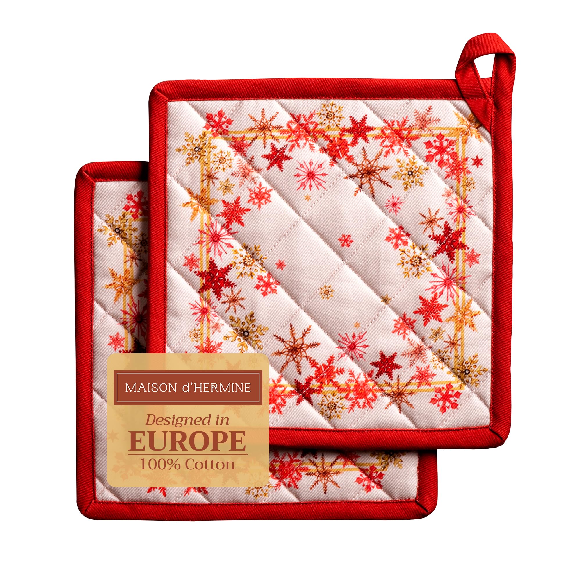 Maison d' Hermine Pot Holders Set 100% Cotton Heat Resistant Potholders 20 cm x 20 cm Hot Pads with Loop for Christmas Decorations BBQ Cooking Baking Handling Hot Pans (Pack of 2, Crystal Star)