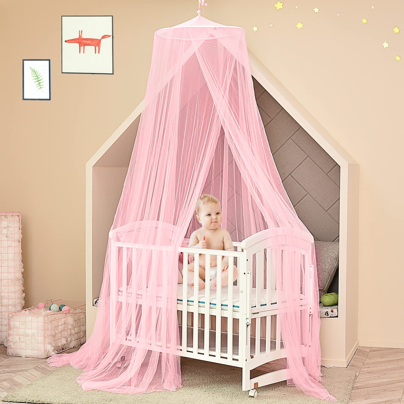 Luchild Universal Dome Mosquito Mesh Net for Bed, Ultra Large Hanging Queen Canopy Bed Curtain Netting for Baby, Kids Or Adults - Pink