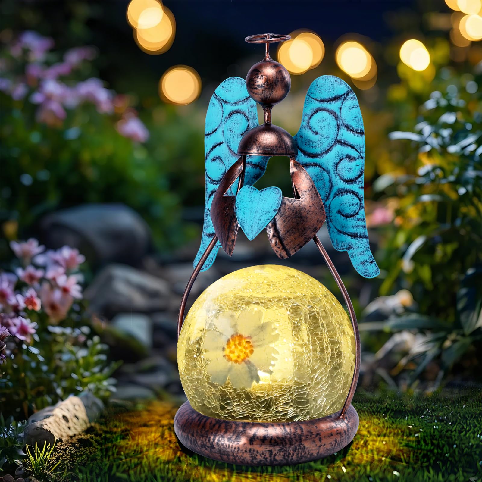 Photo 1 of MUMTOP Angel Solar Lights Outdoor Garden - Solar Lanterns Light Decorative Waterproof with Glass Cracked Globe Tabletop Lantern Lamp Ornaments for Yard Patio Decor Gift (Hold Heart)