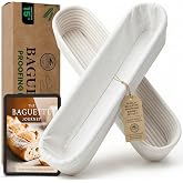 15 Inch Baguette Proofing Basket Set of 2 for Sourdough &amp; French Bread | Handwoven rattan banneton with removable cotton liners; shapes &amp; rises dough before baking; recipe eBook included