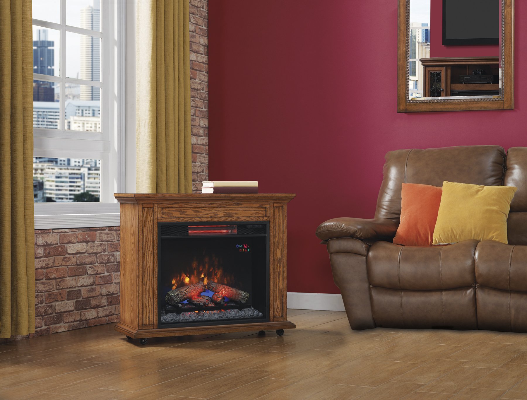 ClassicFlame 23IRM1500-O107 Rolling Mantel with Infrared Quartz Fireplace, Premium Oak