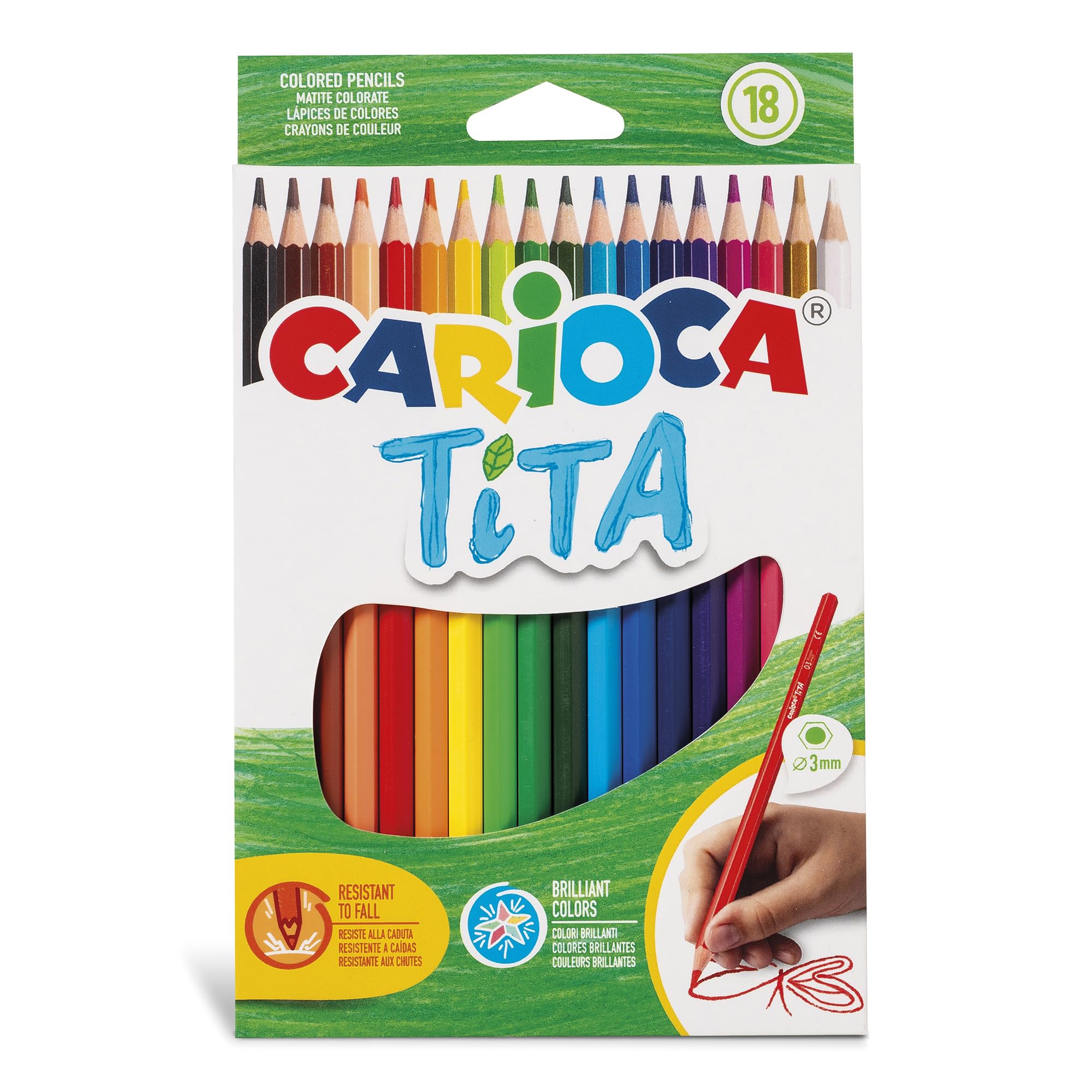 CARIOCA Colour Pencils, Tita Coloured Pencils - Bright and Washable Colours, Extra Strong Lead Ø 3mm, Smooth Writing, Hexagonal Body (Box of 18 Coloured Pencils)