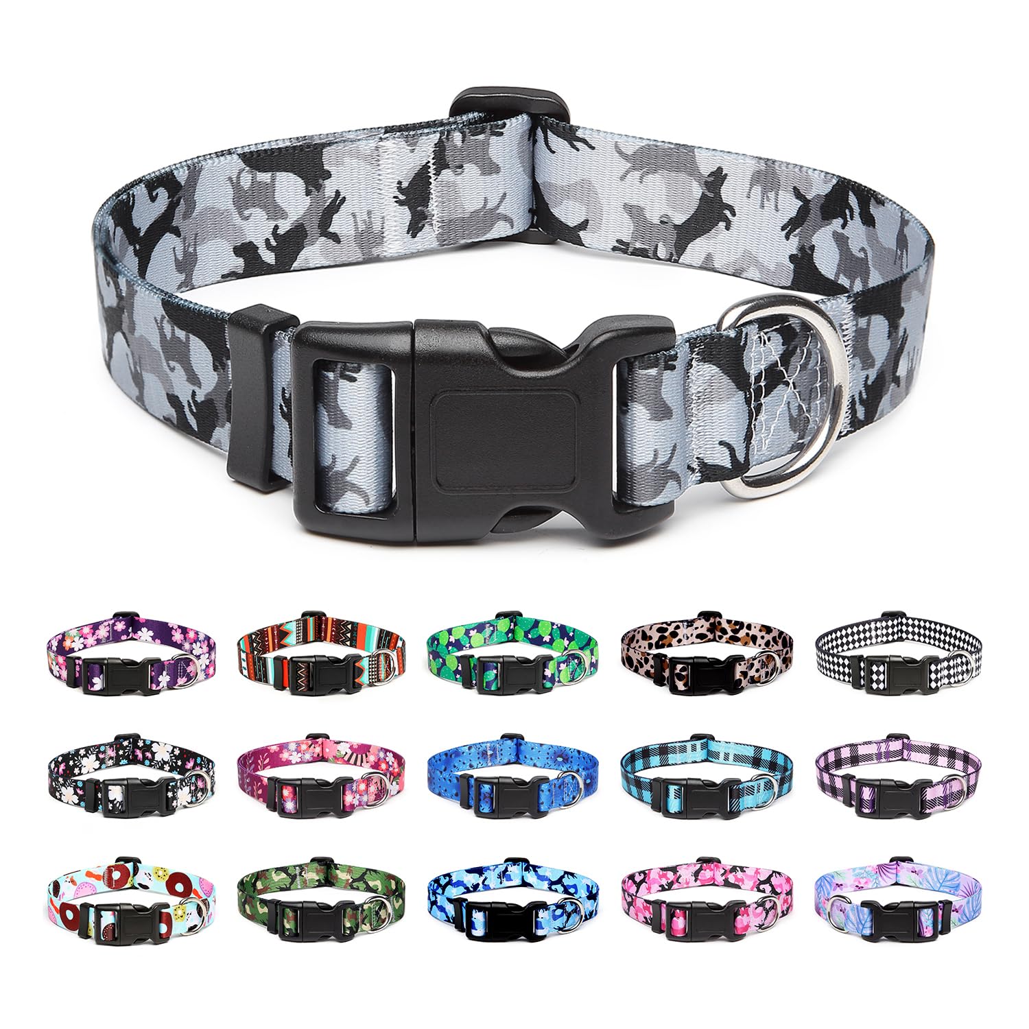 Mercano Adjustable Dog Collar - Special Design Patterns, Soft Nylon Comfortable Durable Pet Collar for Small Medium Large Dogs (M, Dog Camouflage Grey)
