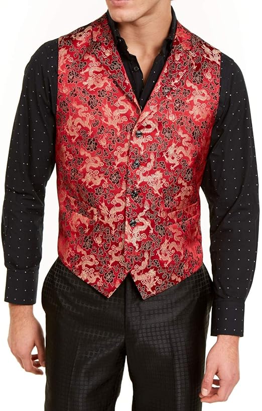 Tallia Mens Suit Vest Red Gold 48 R Dragon Satin Jacquard NotchLapel Fashion