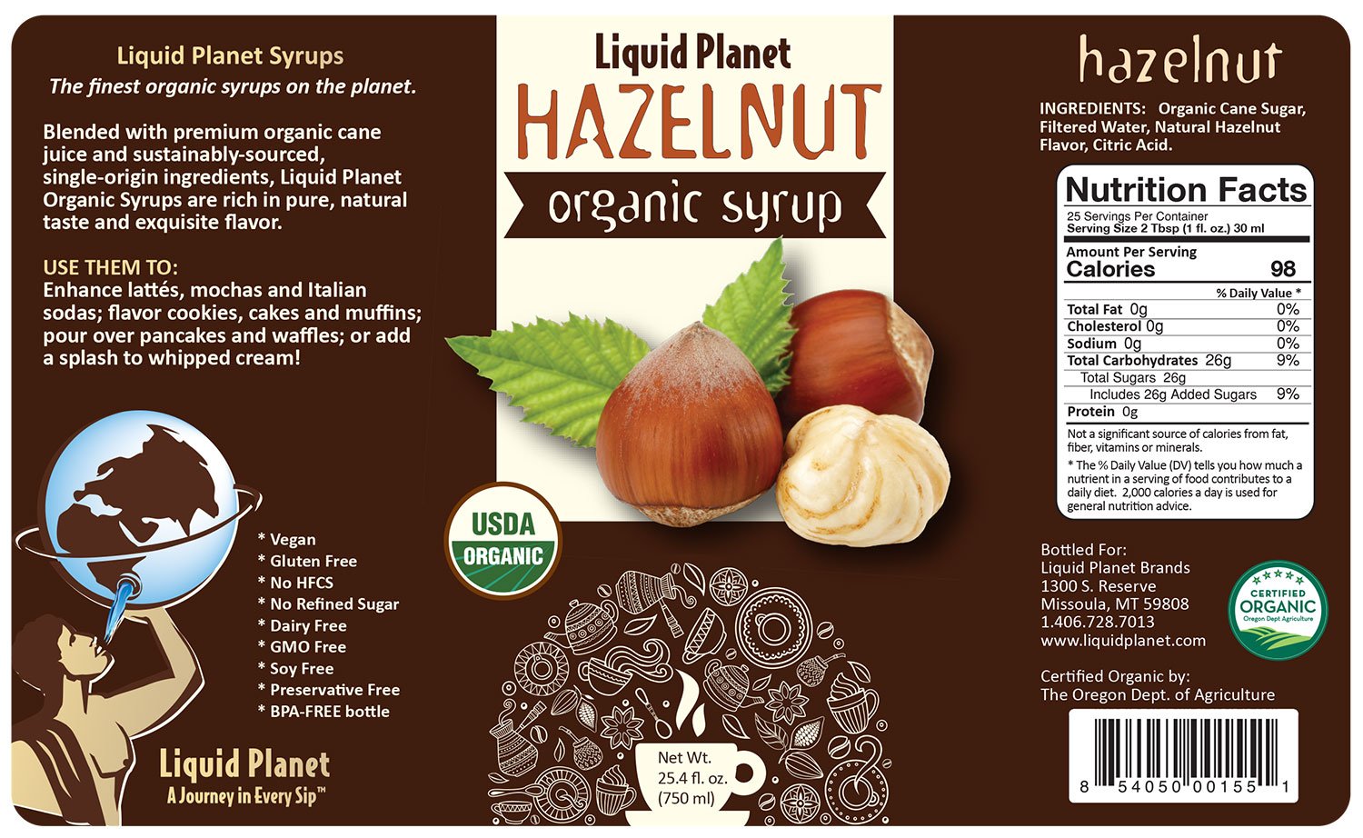 Organic Hazelnut Syrup, Hazelnut Coffee Syrup, 750 ML with Syrup Pump