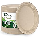 BIRCHIO 100PCS 100% Compostable Original Oval Paper Plates(12in), Heavy Duty Disposable Plates, Eco-Friendly Dinner Plates, Biodegradable Salad, Meal, Dessert Plates, Perfect for Parties, Picnic, BBQ