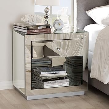 Amazon Com Baxton Studio Melanie Mirrored 1 Drawer Nightstand Set Of 2