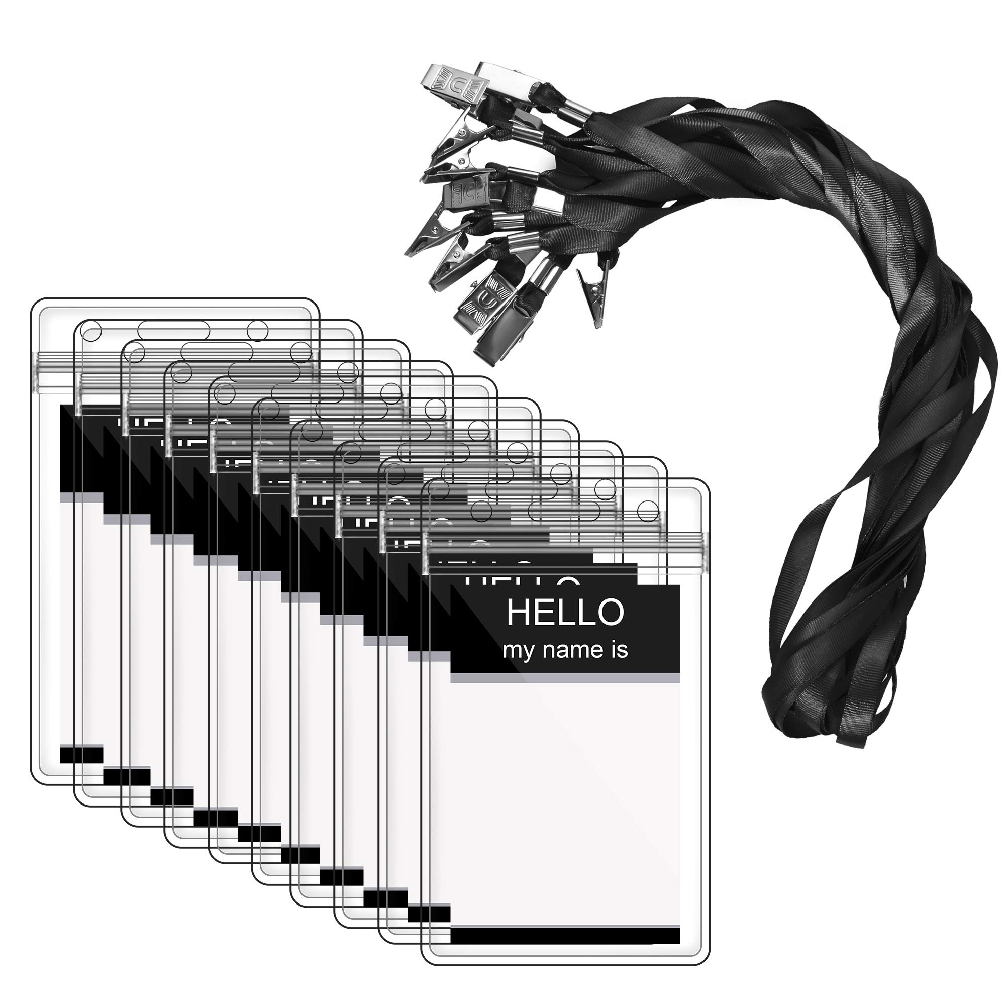 Badge Holders with Lanyards, Zalava 40PCS Plastic Name Tag Badge ID Card Holder for Exhibition Trip Meeting, Transparent Waterproof (Vertical, Black)