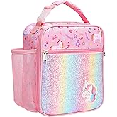 Bagseri Kids Lunch Box for Girls - Insulated Toddler Lunch Bag Fits Bento Box, Reusable Daycare Cooler Tote with Clip Handle, Water-Resistant Lining, Glitter Pink Unicorn
