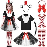 SOMSOC 7 Pieces Girls Cat Costume Set Black White T-shirt Tutu Skirts Headband Bowtie Socks Tail for Dress Up Cosplay Party