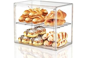 JOYZAN Pastry Display Case, 2 Tier Bread Box for Kitchen Countertop, Acrylic Bread Container with Magnetic Door, Large Bakery Display case for Breads & Muffins 15.3" L x 9.8" W x 11.4" H