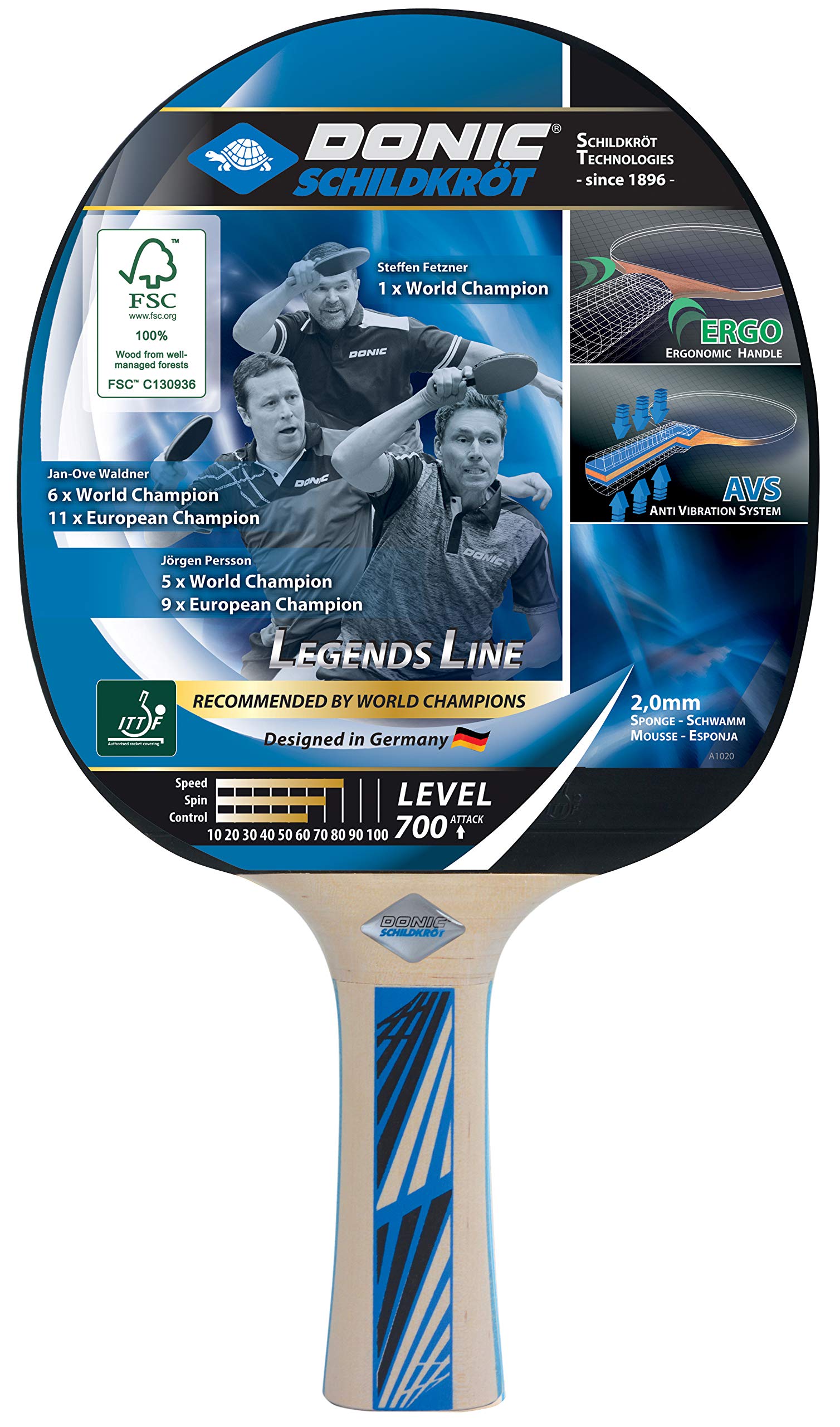 Donic-Schildkröt Legends 700 FSC Table Tennis Bat, AVS & Ergo Handle, 2.0 mm Sponge, FSC Wood, Avantgarde - ITTF Rubber, 734417