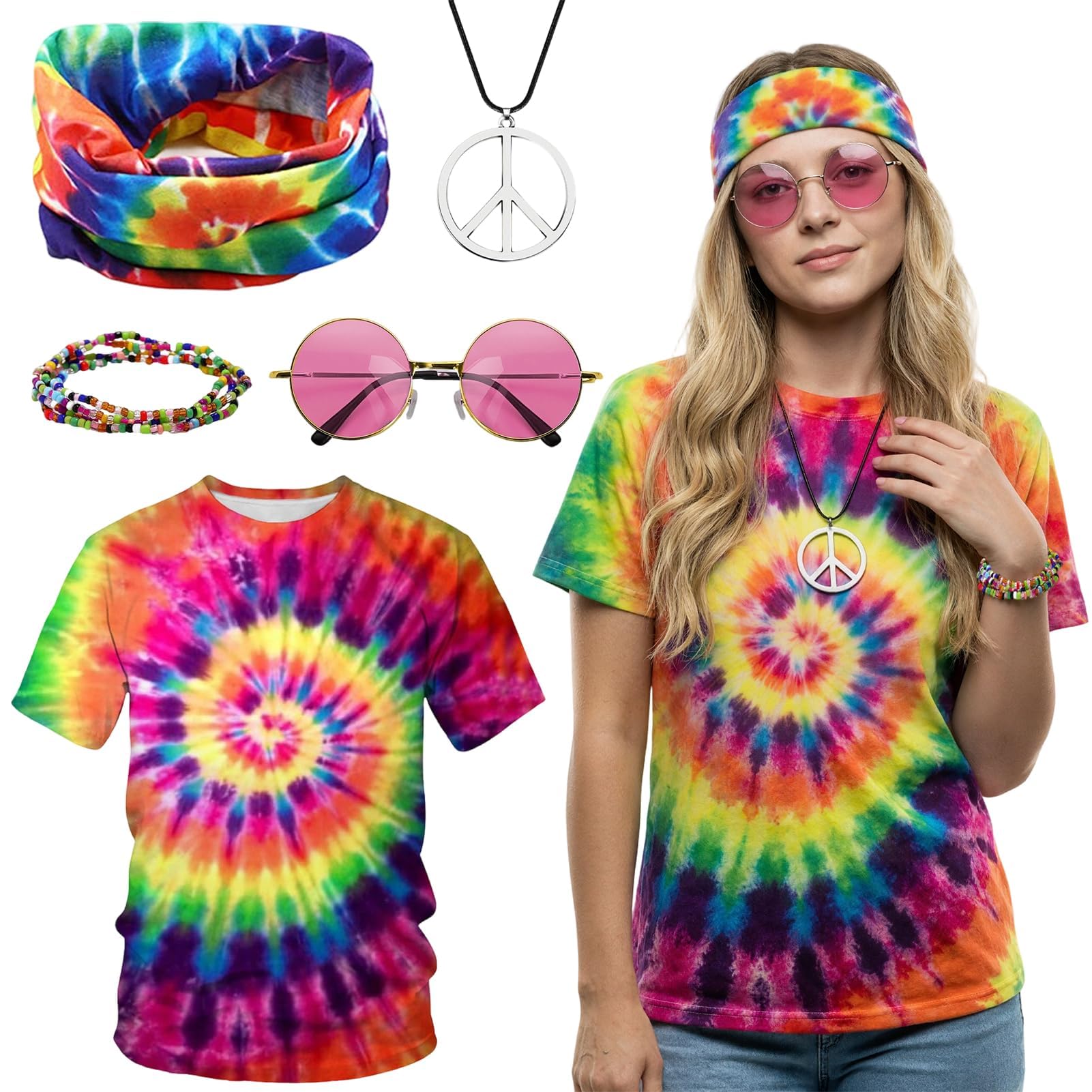 Aleshime Men Women 60s 70s Hippie Costume Set, Colorful Tie Dye T-Shirt 60s 70s Retro Costume with Accessories for Halloween Hippie Party Music Festival
