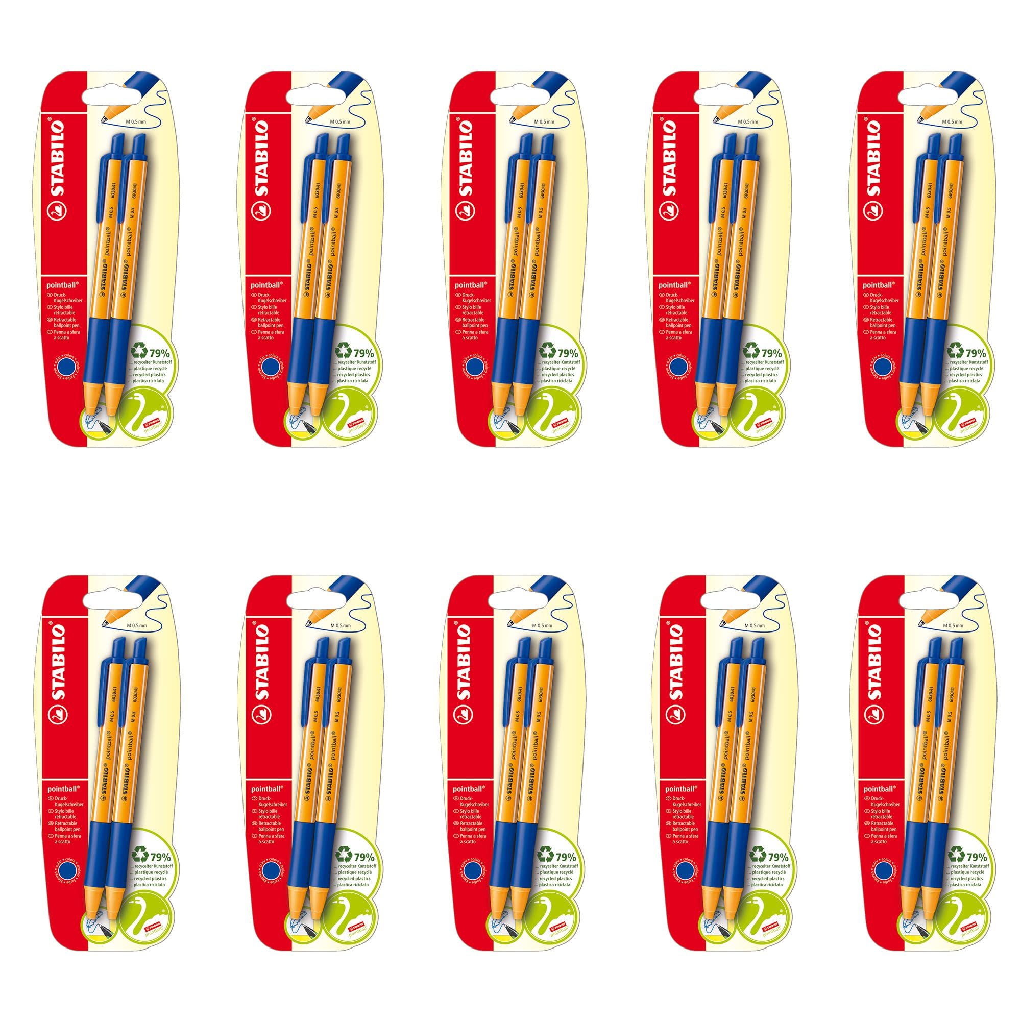STABILO Pointball Retractable Ballpoint Pen 79% Recycled Plastic (Box of 10 Blister Packs of 2) Blue