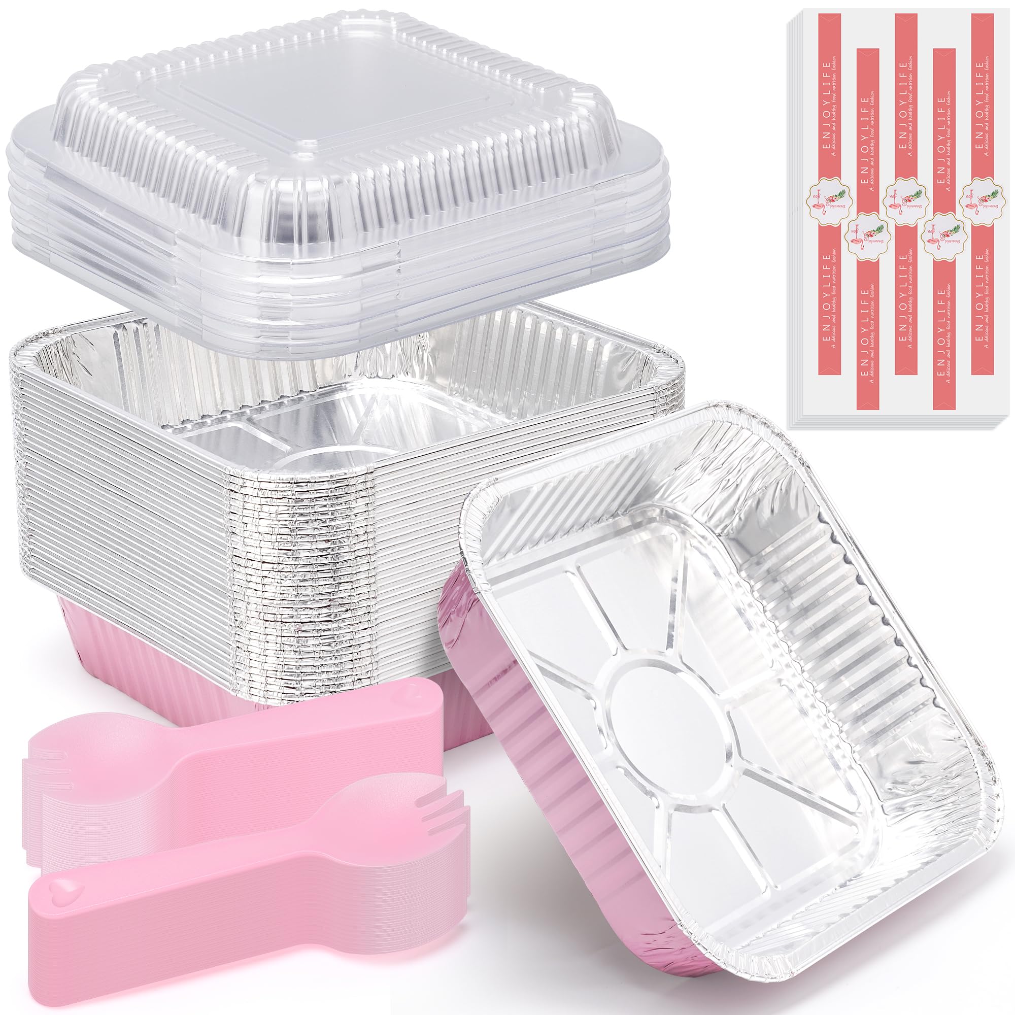 Photo 1 of (35 Pack)Pink 8x8 Inch Disposable Aluminum Foil Pans&Square Cake Pans for Parties, Clear Plastic Lids,Eco-Friendly Baking Trays with Stickers&Cake Spoons,Picnics,Casseroles,Takeout,Recyclable Cookware