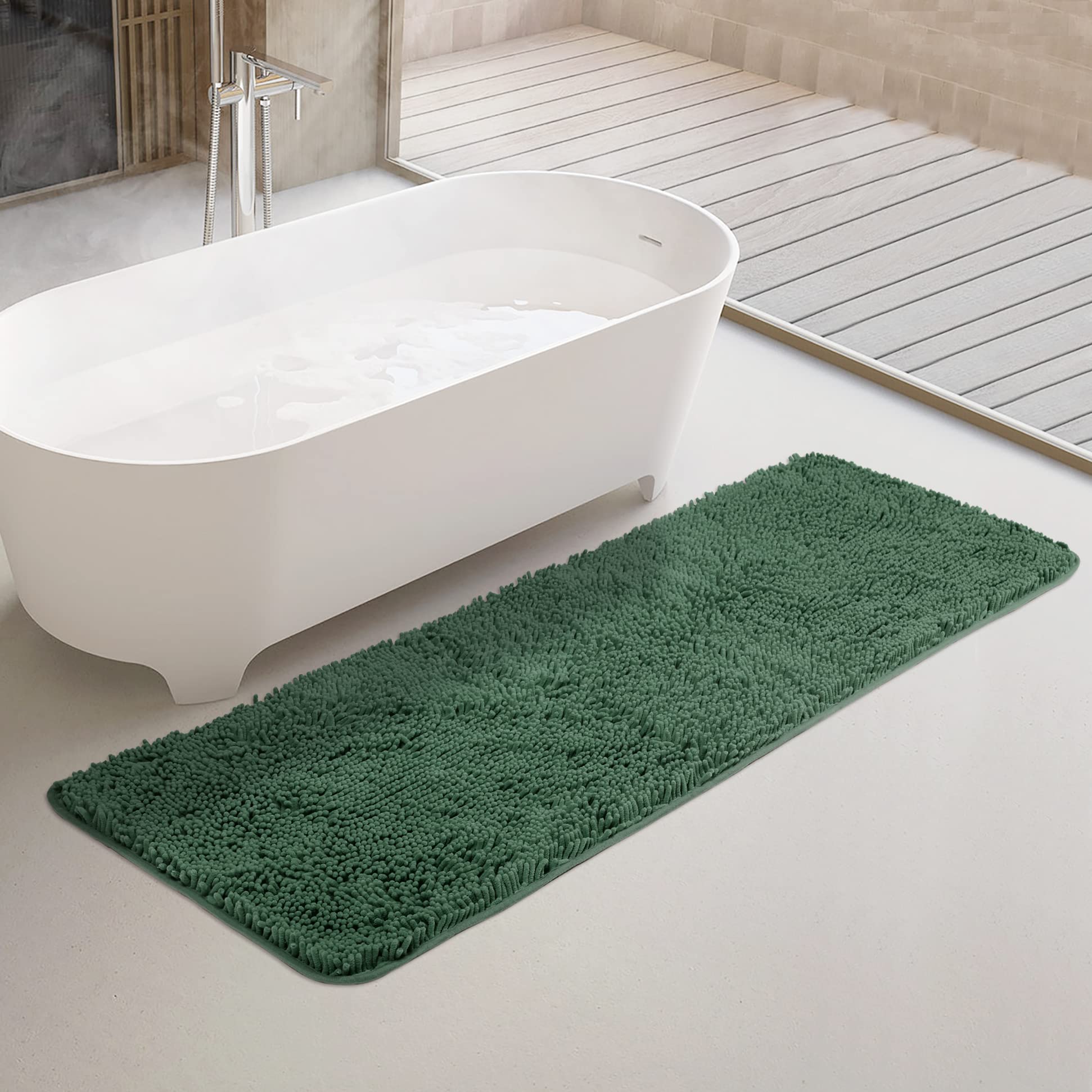 Yeaban Bathroom Runner Rug 24"x60" – Thick Chenille Long Bath Mat | Absorbent and Washable Extra Large Bath Rug Non-Slip, Plush Runner Rug for Bathroom, Shower, Sink - (Dark Green) Image